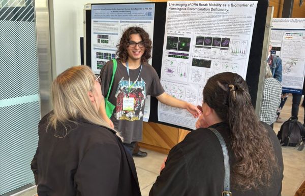 Students discussing another student's poster.