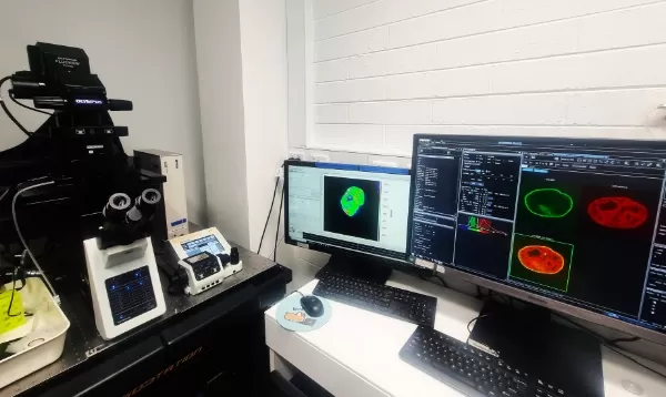 Corner of lab with a microscope and computers showing visualisations